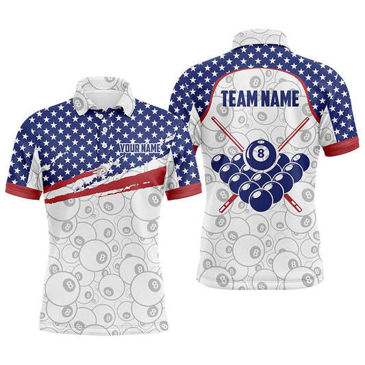 Billiard Polo Shirts, Ball 8 Pattern American Flag Personalized Billiard Polo Shirts Custom Name Billiard Shirts, Billiards Team Shirts