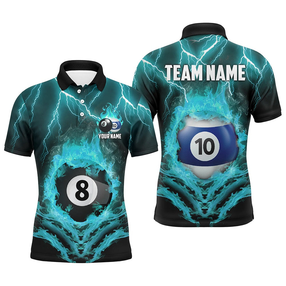 Billiard Polo Shirts, Billiard 8 & 10 Ball Fire Lightning Polo & 14 Zip Shirts Custom Billiard Jersey Turquoise, Billiards Team Shirts