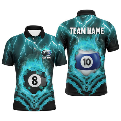 Billiard Polo Shirts, Billiard 8 & 10 Ball Fire Lightning Polo & 14 Zip Shirts Custom Billiard Jersey Turquoise, Billiards Team Shirts