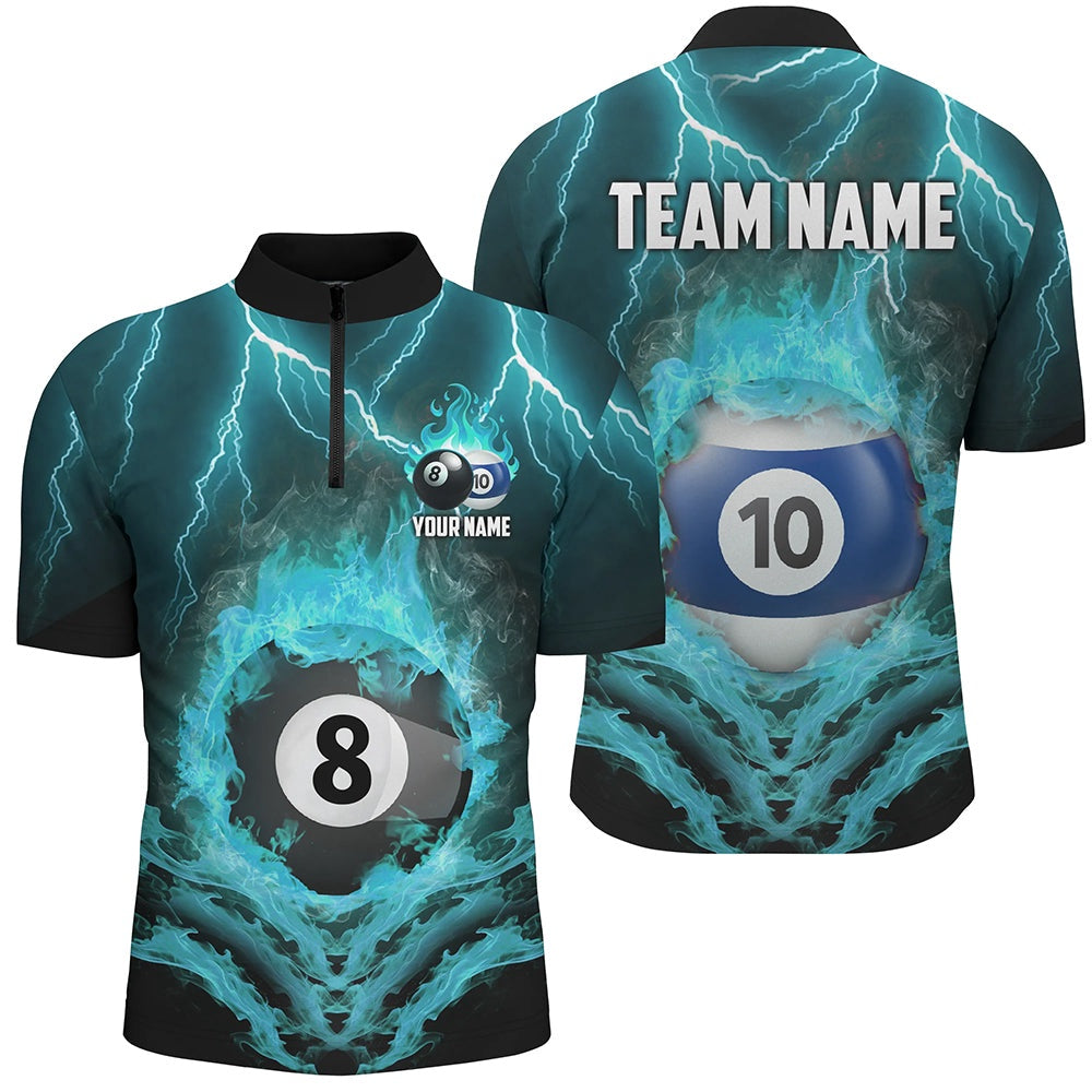Billiard Polo Shirts, Billiard 8 & 10 Ball Fire Lightning Polo & 14 Zip Shirts Custom Billiard Jersey Turquoise, Billiards Team Shirts