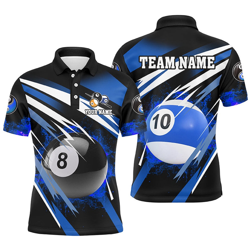 Billiard Polo Shirts, Billiard 8 Ball & 10 Ball Fire Polo & Polo Shirt Custom Billiard Jersey Attire Blue, Billiards Team Shirts
