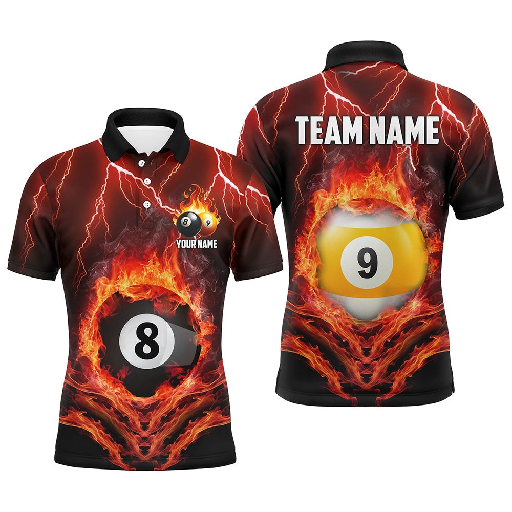 Billiard Polo Shirts, Billiard 8 Ball & 9 Ball Fire Lightning Polo & 14 Zip Shirts Custom Billiard Jersey Orange, Billiards Team Shirts