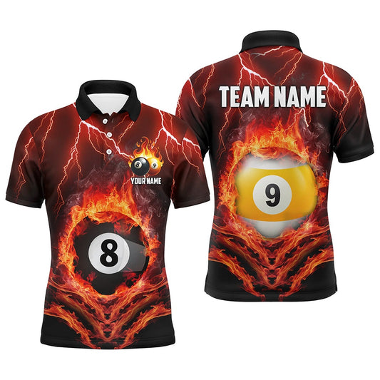 Billiard Polo Shirts, Billiard 8 Ball & 9 Ball Fire Lightning Polo & 14 Zip Shirts Custom Billiard Jersey Orange, Billiards Team Shirts
