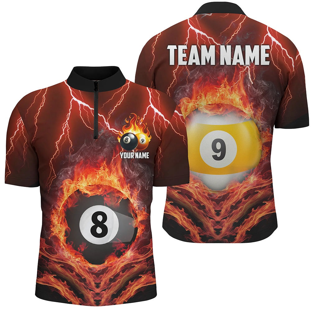 Billiard Polo Shirts, Billiard 8 Ball & 9 Ball Fire Lightning Polo & 14 Zip Shirts Custom Billiard Jersey Orange, Billiards Team Shirts