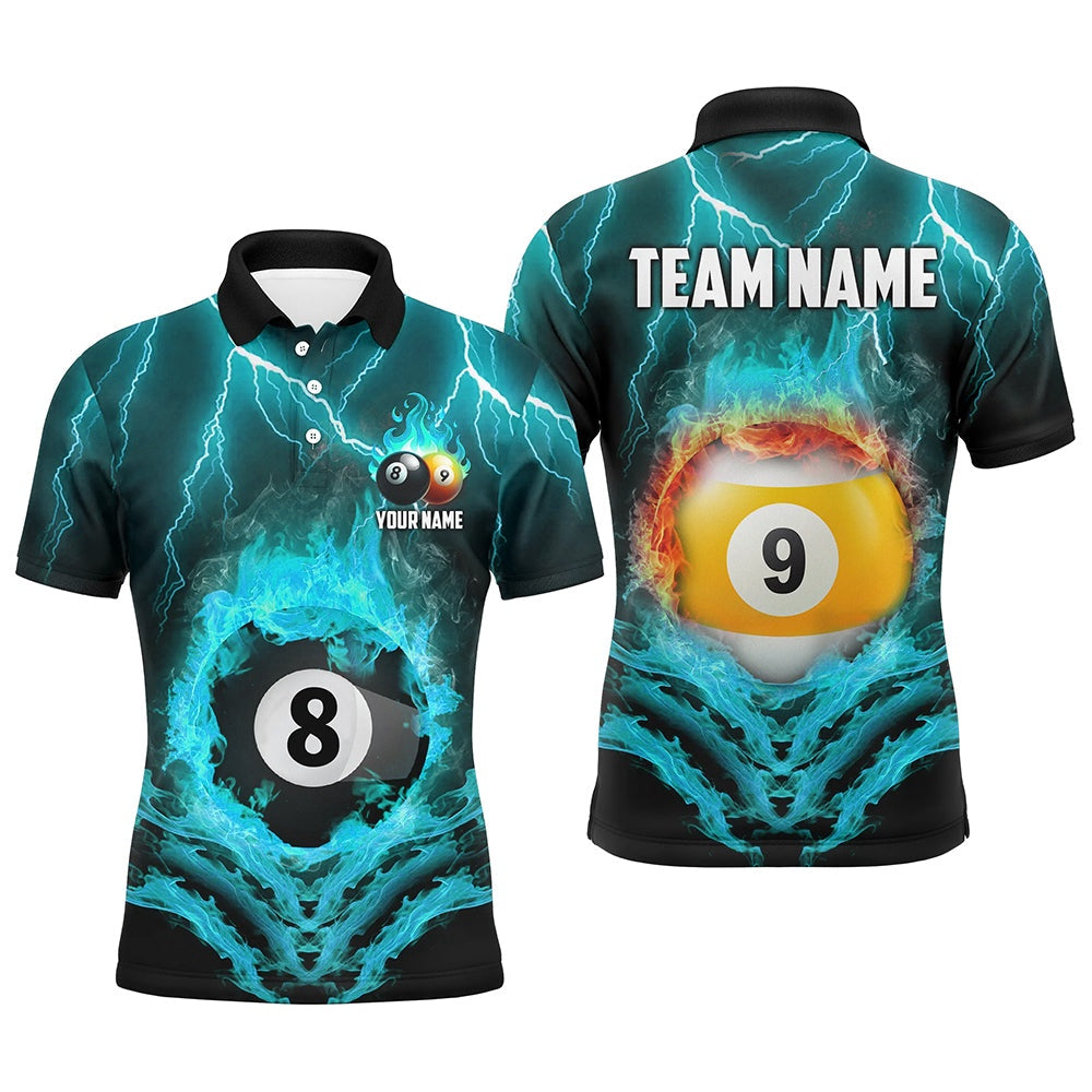 Billiard Polo Shirts, Billiard 8 Ball & 9 Ball Fire Lightning Polo & 14 Zip Shirts Custom Billiard Jersey Turquoise, Billiards Team Shirts