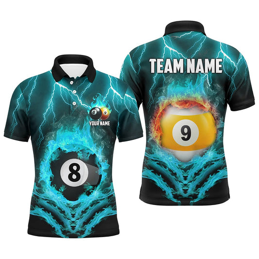 Billiard Polo Shirts, Billiard 8 Ball & 9 Ball Fire Lightning Polo & 14 Zip Shirts Custom Billiard Jersey Turquoise, Billiards Team Shirts