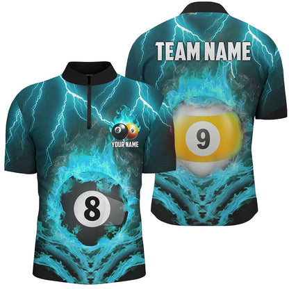 Billiard Polo Shirts, Billiard 8 Ball & 9 Ball Fire Lightning Polo & 14 Zip Shirts Custom Billiard Jersey Turquoise, Billiards Team Shirts