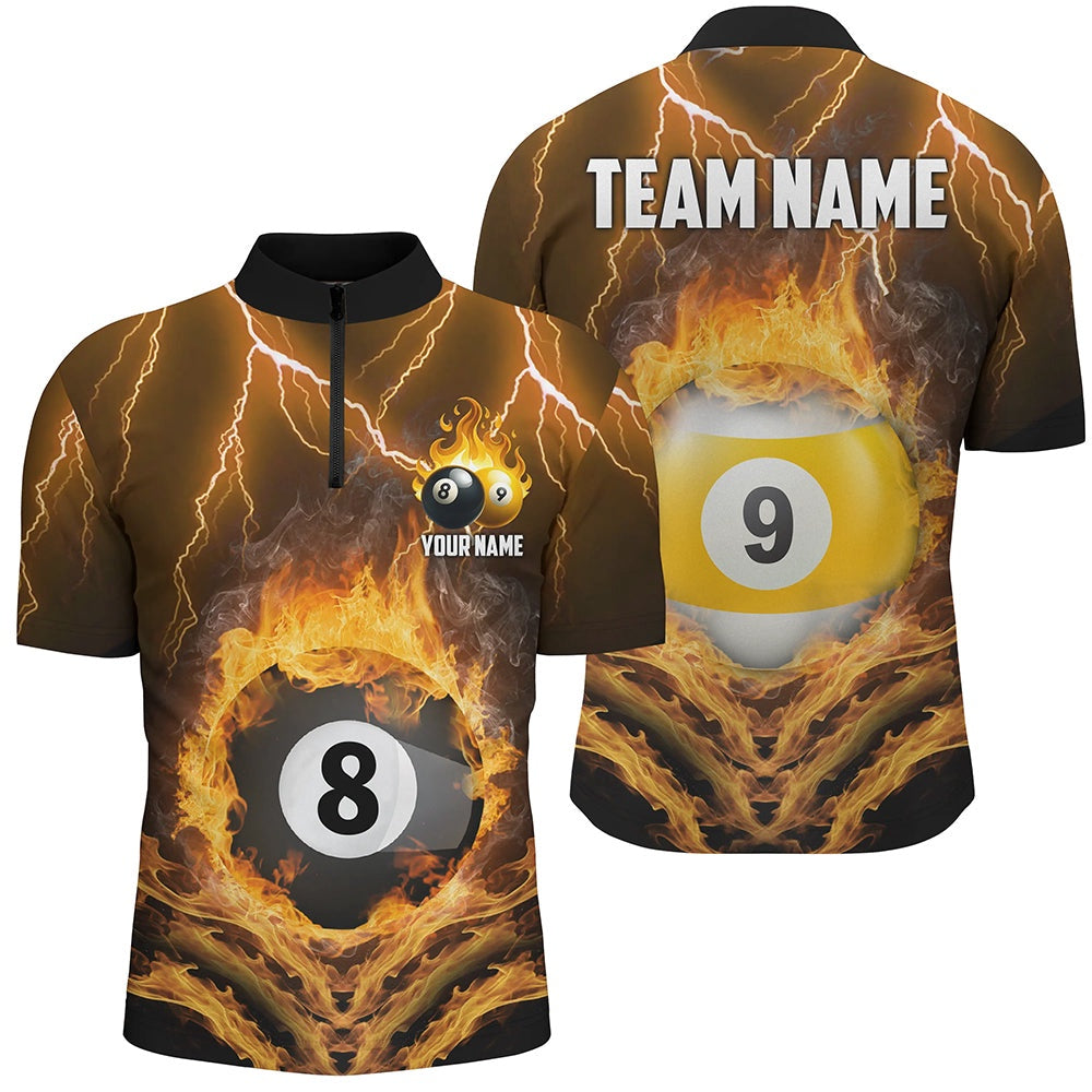 Billiard Polo Shirts, Billiard 8 Ball & 9 Ball Fire Lightning Polo & 14 Zip Shirts Custom Billiard Jersey Yellow, Billiards Team Shirts