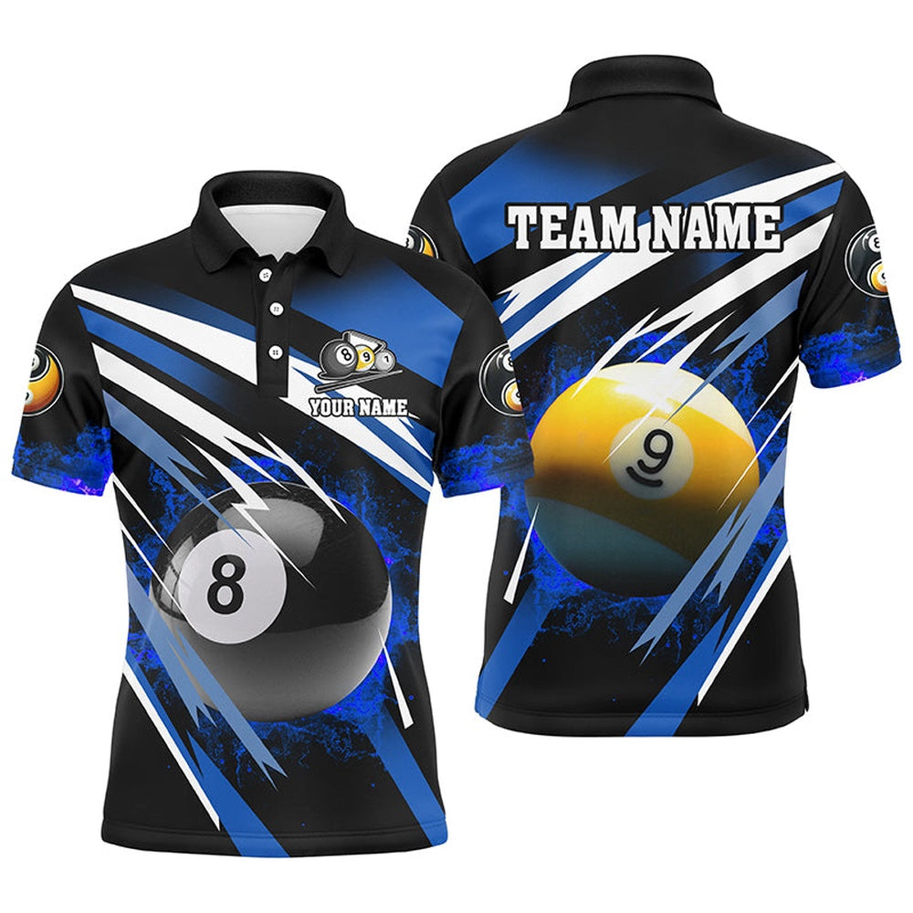 Billiard Polo Shirts, Billiard 8 Ball & 9 Ball Fire Polo & Polo Shirt Custom Billiard Jersey Attire Blue, Billiards Team Shirts