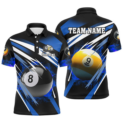 Billiard Polo Shirts, Billiard 8 Ball & 9 Ball Fire Polo & Polo Shirt Custom Billiard Jersey Attire Blue, Billiards Team Shirts