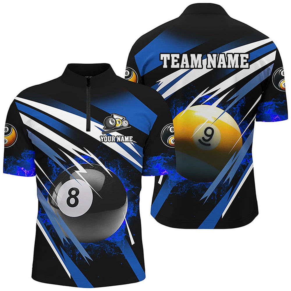 Billiard Polo Shirts, Billiard 8 Ball & 9 Ball Fire Polo & Polo Shirt Custom Billiard Jersey Attire Blue, Billiards Team Shirts