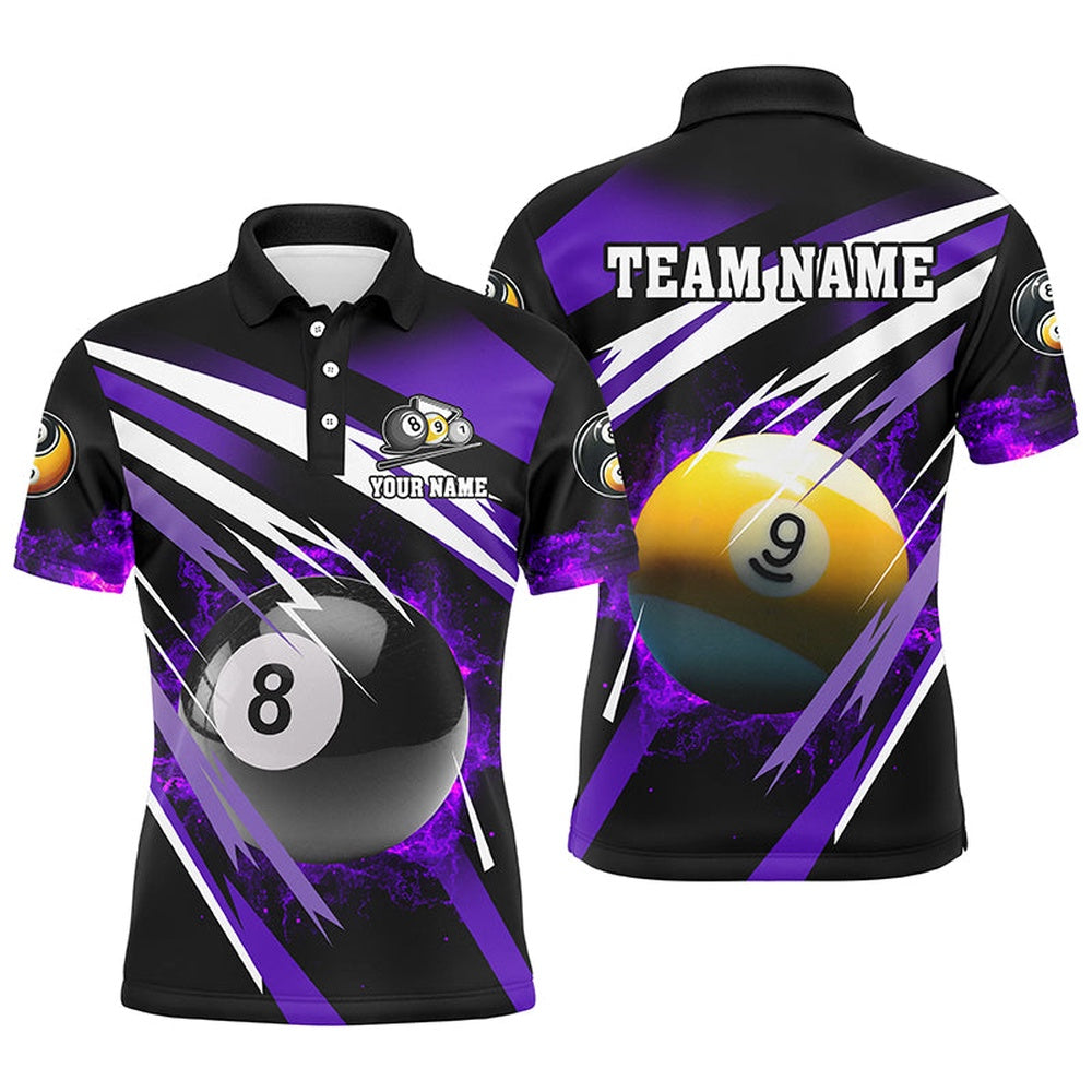 Billiard Polo Shirts, Billiard 8 Ball & 9 Ball Fire Polo & Polo Shirt Custom Billiard Jersey Attire Purple, Billiards Team Shirts