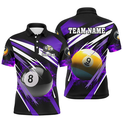 Billiard Polo Shirts, Billiard 8 Ball & 9 Ball Fire Polo & Polo Shirt Custom Billiard Jersey Attire Purple, Billiards Team Shirts