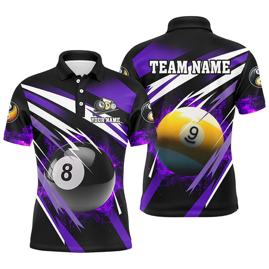 Billiard Polo Shirts, Billiard 8 Ball & 9 Ball Fire Polo & Polo Shirt Custom Billiard Jersey Attire Purple, Billiards Team Shirts