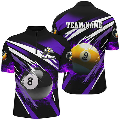 Billiard Polo Shirts, Billiard 8 Ball & 9 Ball Fire Polo & Polo Shirt Custom Billiard Jersey Attire Purple, Billiards Team Shirts