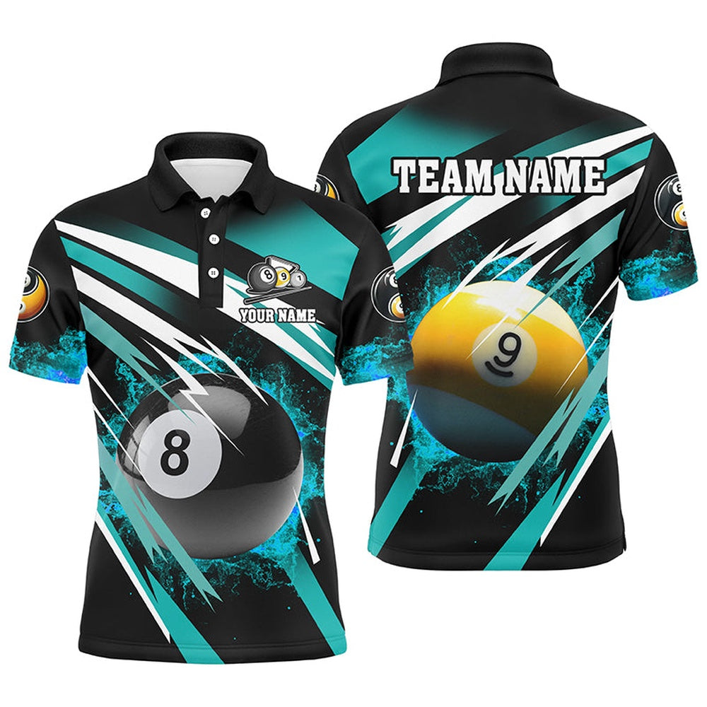 Billiard Polo Shirts, Billiard 8 Ball & 9 Ball Fire Polo & Polo Shirt Custom Billiard Jersey Attire Turquoise, Billiards Team Shirts