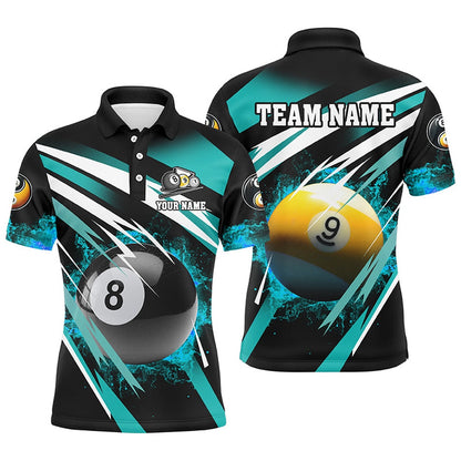 Billiard Polo Shirts, Billiard 8 Ball & 9 Ball Fire Polo & Polo Shirt Custom Billiard Jersey Attire Turquoise, Billiards Team Shirts