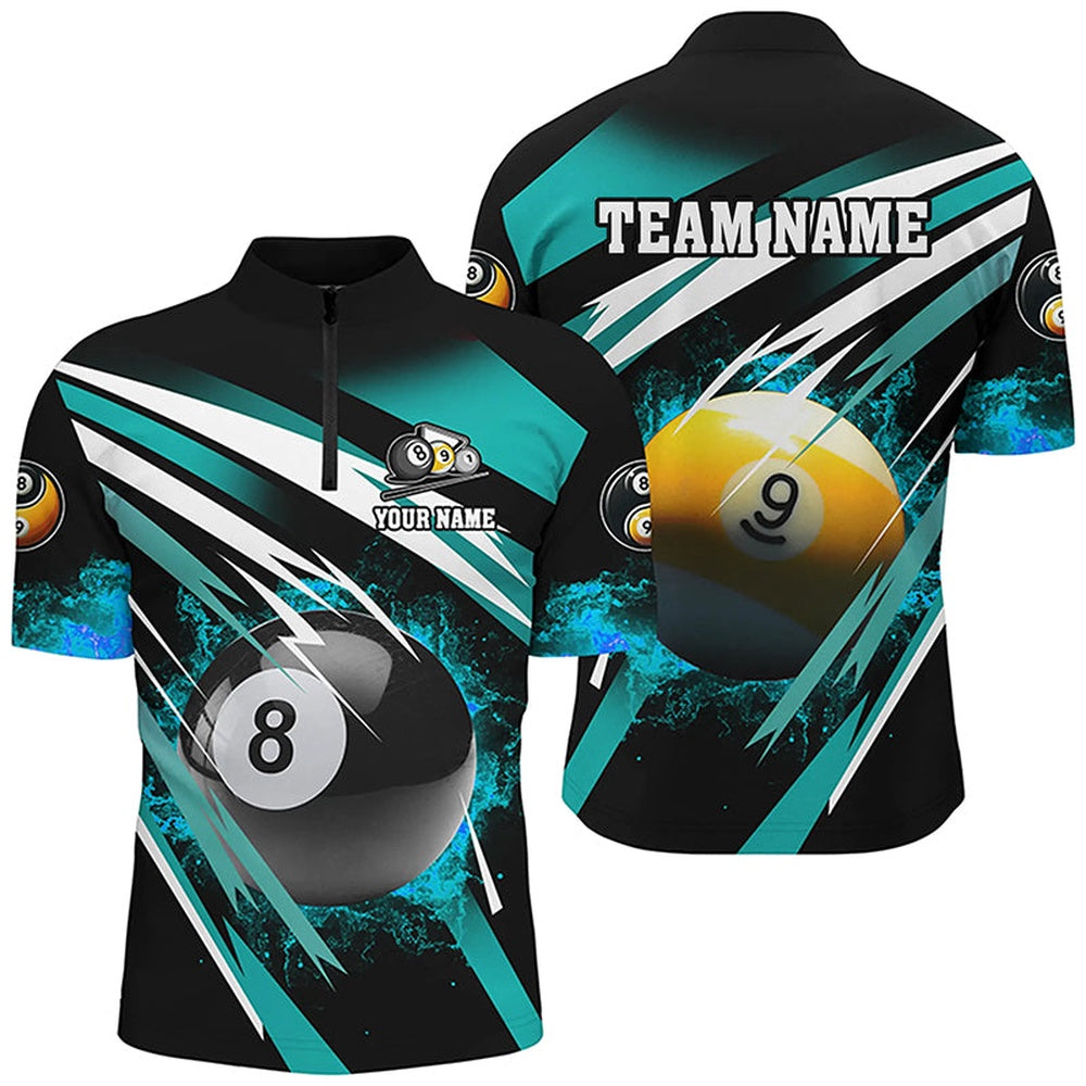 Billiard Polo Shirts, Billiard 8 Ball & 9 Ball Fire Polo & Polo Shirt Custom Billiard Jersey Attire Turquoise, Billiards Team Shirts