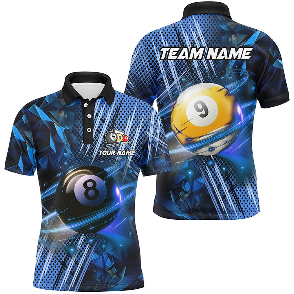 Billiard Polo Shirts, Billiard 8 Ball & 9 Ball Glowing Blue Custom Polo & Polo Shirt, Billiard Apparel Attire, Billiards Team Shirts