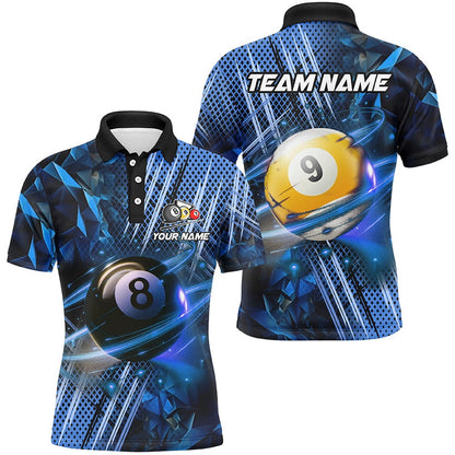 Billiard Polo Shirts, Billiard 8 Ball & 9 Ball Glowing Blue Custom Polo & Polo Shirt, Billiard Apparel Attire, Billiards Team Shirts