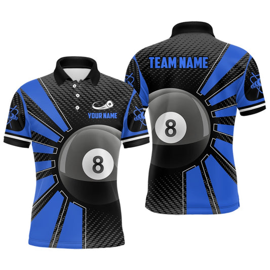 Billiard Polo Shirts, Billiard 8 Ball Blue Version Personalized Name 3D Polo Shirts Custom Team Billiard Shirts, Billiards Team Shirts