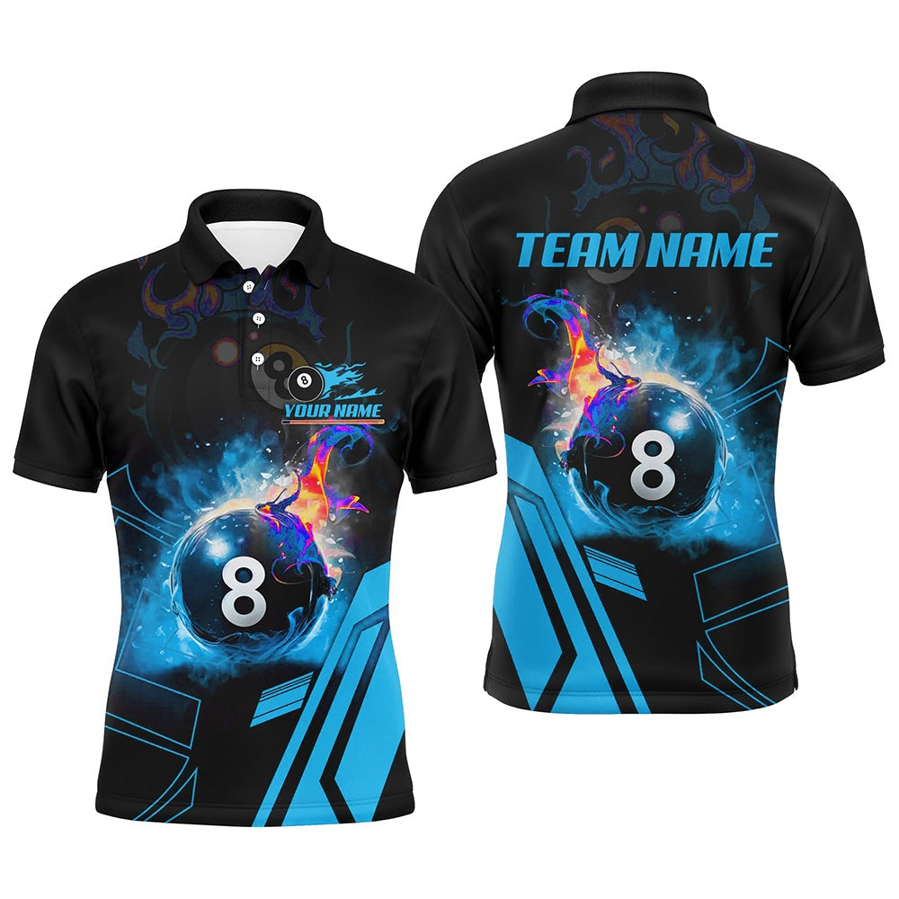 Billiard Polo Shirts, Billiard 8 Ball Flame Blue Version 3D Printed Polo Shirts Best Custom Pool Team Jerseys Shirts, Billiards Team Shirts