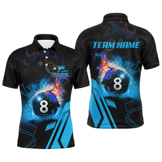 Billiard Polo Shirts, Billiard 8 Ball Flame Blue Version 3D Printed Polo Shirts Best Custom Pool Team Jerseys Shirts, Billiards Team Shirts
