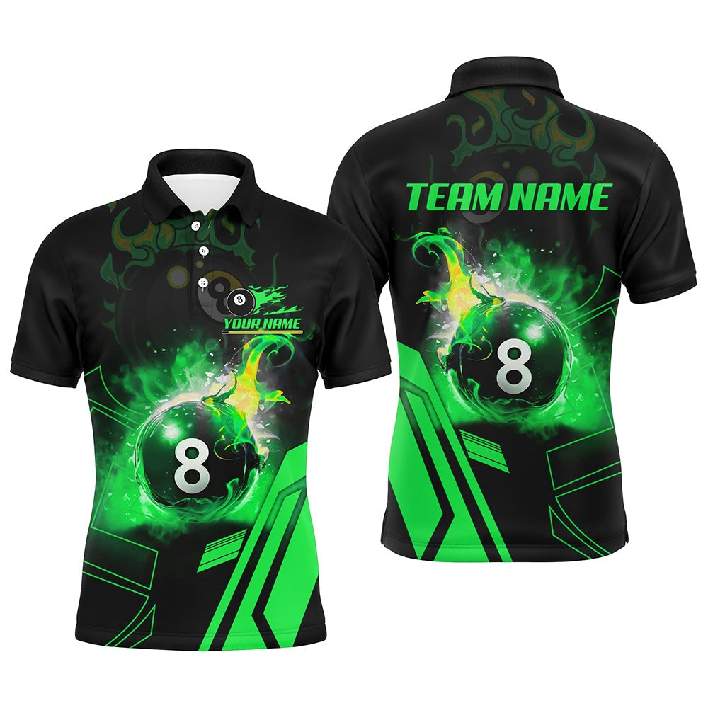 Billiard Polo Shirts, Billiard 8 Ball Flame Green Version 3D Printed Polo Shirts Best Custom Pool Team Jerseys Shirts, Billiards Team Shirts