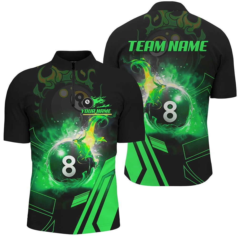 Billiard Polo Shirts, Billiard 8 Ball Flame Green Version 3D Printed Polo Shirts Best Custom Pool Team Jerseys Shirts, Billiards Team Shirts