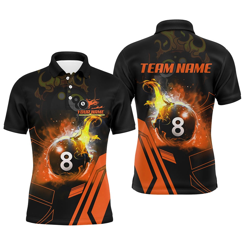 Billiard Polo Shirts, Billiard 8 Ball Flame Orange Version 3D Printed Polo Shirt Best Custom Pool Team Jerseys Shirt, Billiards Team Shirts