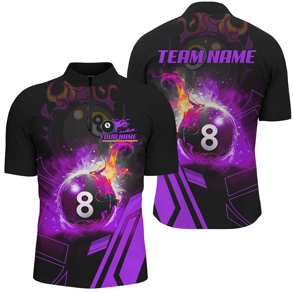 Billiard Polo Shirts, Billiard 8 Ball Flame Purple Version 3D Printed Polo Shirt Best Custom Pool Team Jerseys Shirts, Billiards Team Shirts