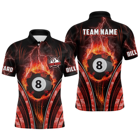Billiard Polo Shirts, Billiard 8 Ball Flame Thunder Lightning Personalized 3D Polo Shirts Custom Pool Team Jerseys, Billiards Team Shirts