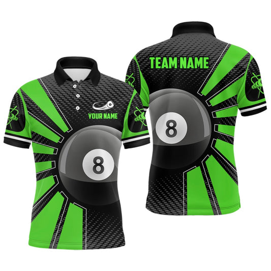 Billiard Polo Shirts, Billiard 8 Ball Green Version Personalized Name 3D Polo Shirts Custom Team Billiard Shirt, Billiards Team Shirts