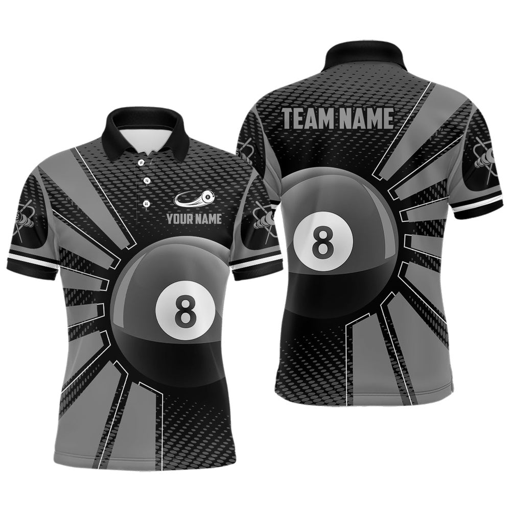 Billiard Polo Shirts, Billiard 8 Ball Grey Version Personalized Name 3D Polo Shirts Custom Team Billiard Shirts, Billiards Team Shirts