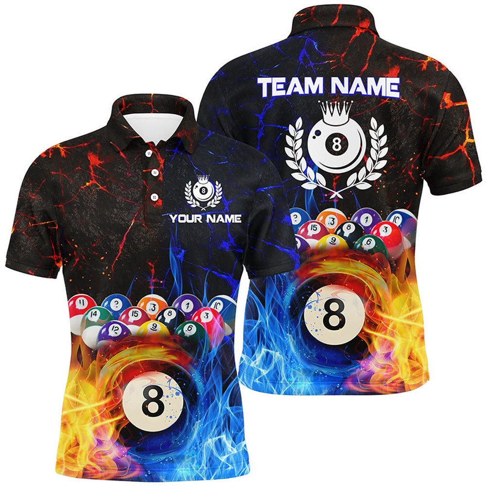 Billiard Polo Shirts, Billiard 8 Ball Water Fire Personalized Name 3D Polo Shirts Custom Pool League Shirts, Billiards Team Shirts