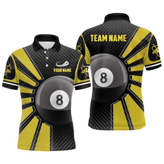 Billiard Polo Shirts, Billiard 8 Ball Yellow Version Personalized Name 3D Polo Shirts Custom Team Pool Shirt, Billiards Team Shirts