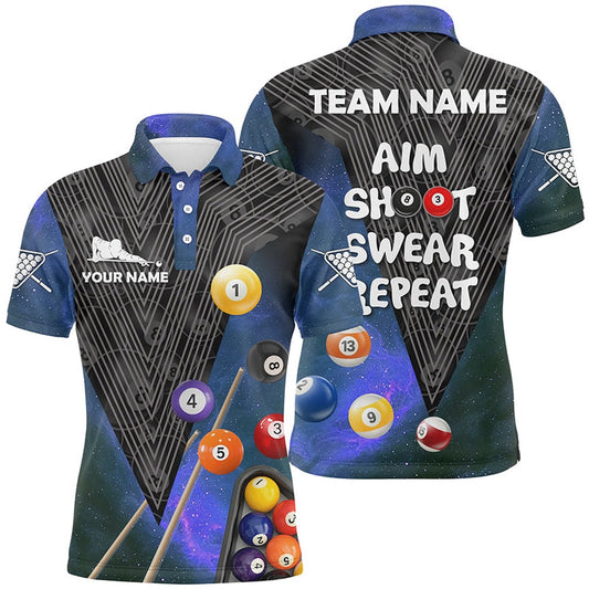 Billiard Polo Shirts, Billiard Aim Shoot Swear Repeat Blue Version Custom Name 3D All Over Print Polo Shirts, Billiards Team Shirts