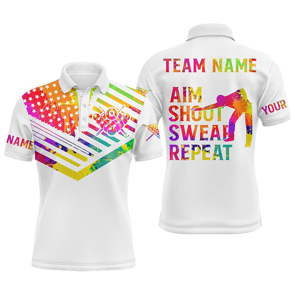 Billiard Polo Shirts, Billiard Aim Shoot Swear Repeat Custom 3D White Multicolor Polo Shirts, Billiard Shirts Funny, Billiards Team Shirts