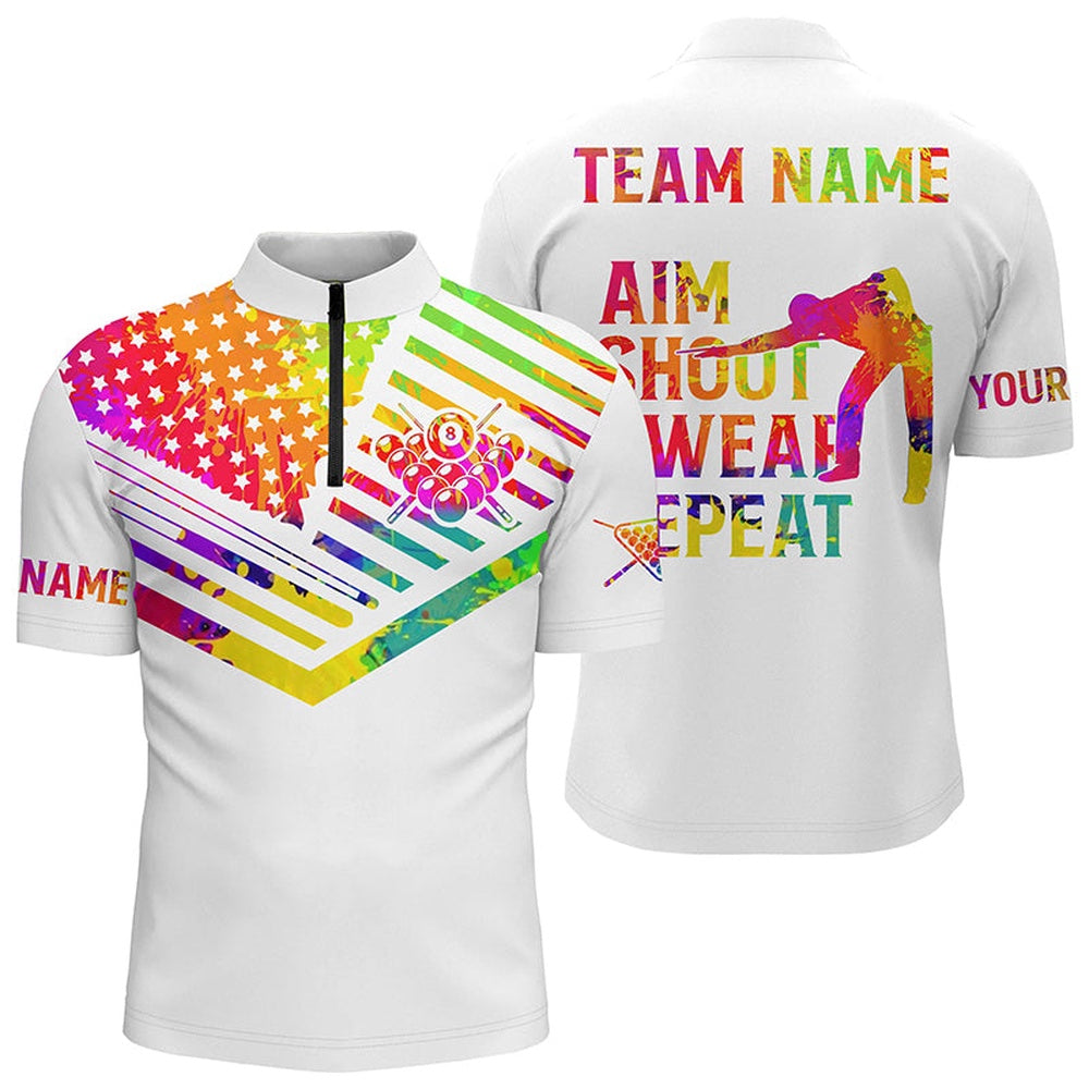 Billiard Polo Shirts, Billiard Aim Shoot Swear Repeat Custom 3D White Multicolor Polo Shirts, Billiard Shirts Funny, Billiards Team Shirts