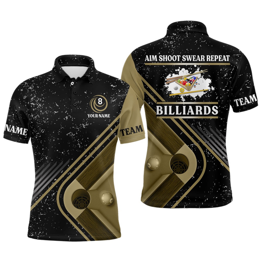 Billiard Polo Shirts, Billiard Aim Shoot Swear Repeat Custom Billiard Black Grunge Polo Shirts, Billiard Jerseys, Billiards Team Shirts