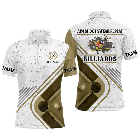Billiard Polo Shirts, Billiard Aim Shoot Swear Repeat Custom Billiard White Grunge Polo Shirts, Billiard Jerseys, Billiards Team Shirts