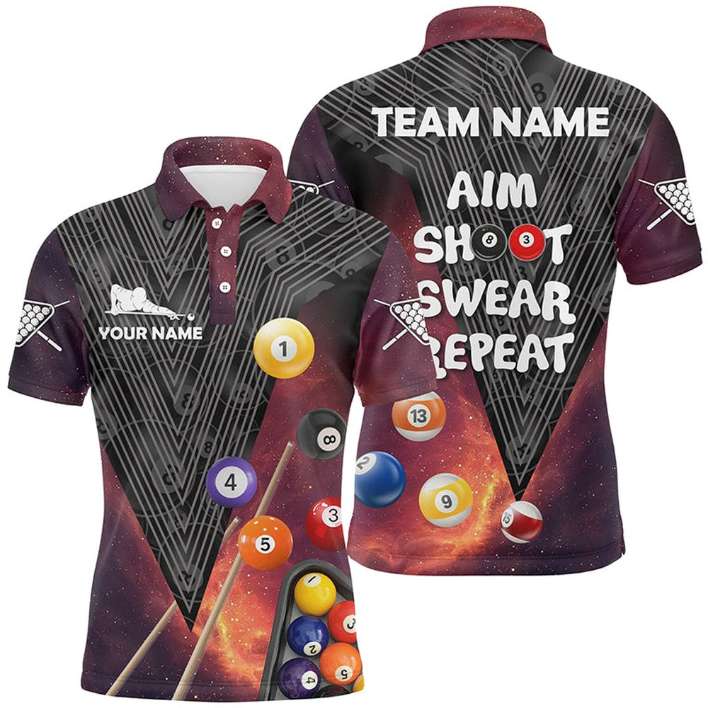 Billiard Polo Shirts, Billiard Aim Shoot Swear Repeat Red Version Custom Name 3D All Over Print Polo Shirts, Billiards Team Shirts