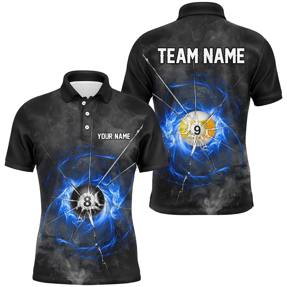 Billiard Polo Shirts, Billiard Ball 8 & Ball 9 Crack Glass Custom Polo & Polo Shirts, Billiard Jersey Blue, Billiards Team Shirts