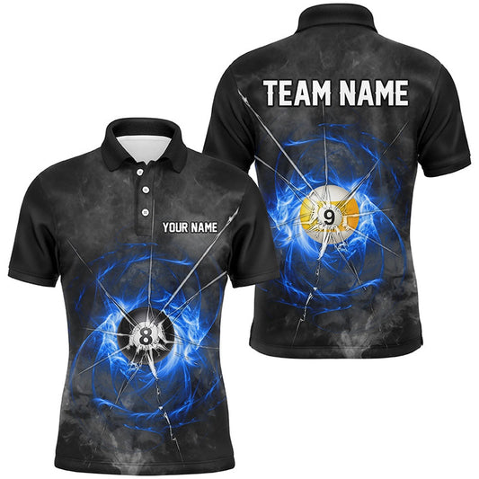 Billiard Polo Shirts, Billiard Ball 8 & Ball 9 Crack Glass Custom Polo & Polo Shirts, Billiard Jersey Blue, Billiards Team Shirts