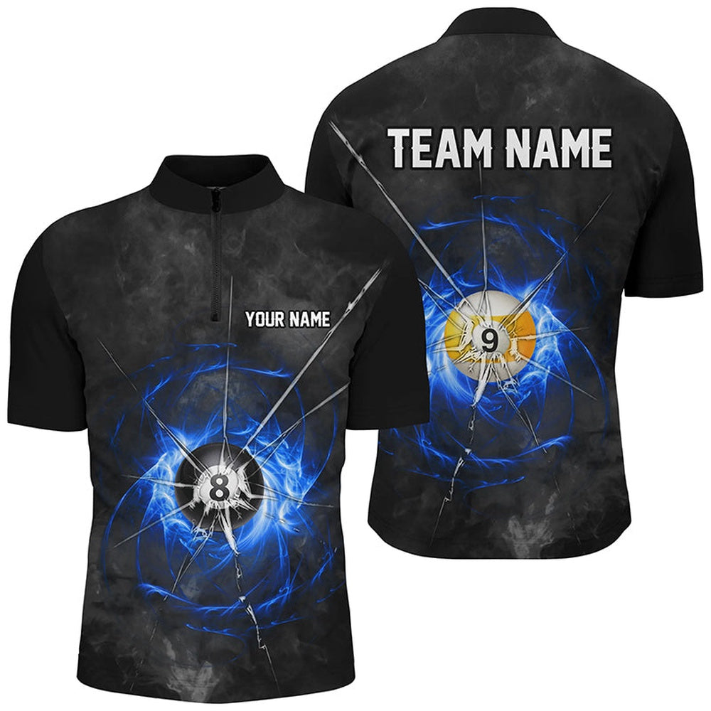 Billiard Polo Shirts, Billiard Ball 8 & Ball 9 Crack Glass Custom Polo & Polo Shirts, Billiard Jersey Blue, Billiards Team Shirts