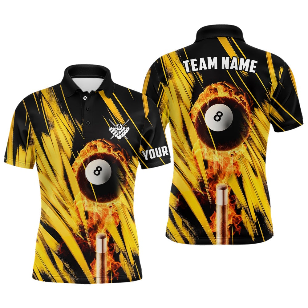 Billiard Polo Shirts, Billiard Ball Fire And Cue Custom Black Yellow Polo Shirts Best Billiard Attire For Player, Billiards Team Shirts