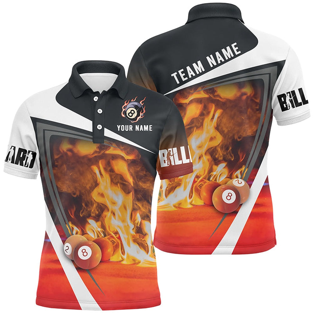 Billiard Polo Shirts, Billiard Ball On Fire Custom Name 3D Full Printing Polo Shirts, Custom Billiard Team Shirt, Billiards Team Shirts