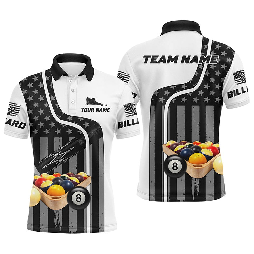 Billiard Polo Shirts, Billiard Balls American Flag Custom Name 3D Billiard Polo Shirts, Best Billiards Gift Idea, Billiards Team Shirts