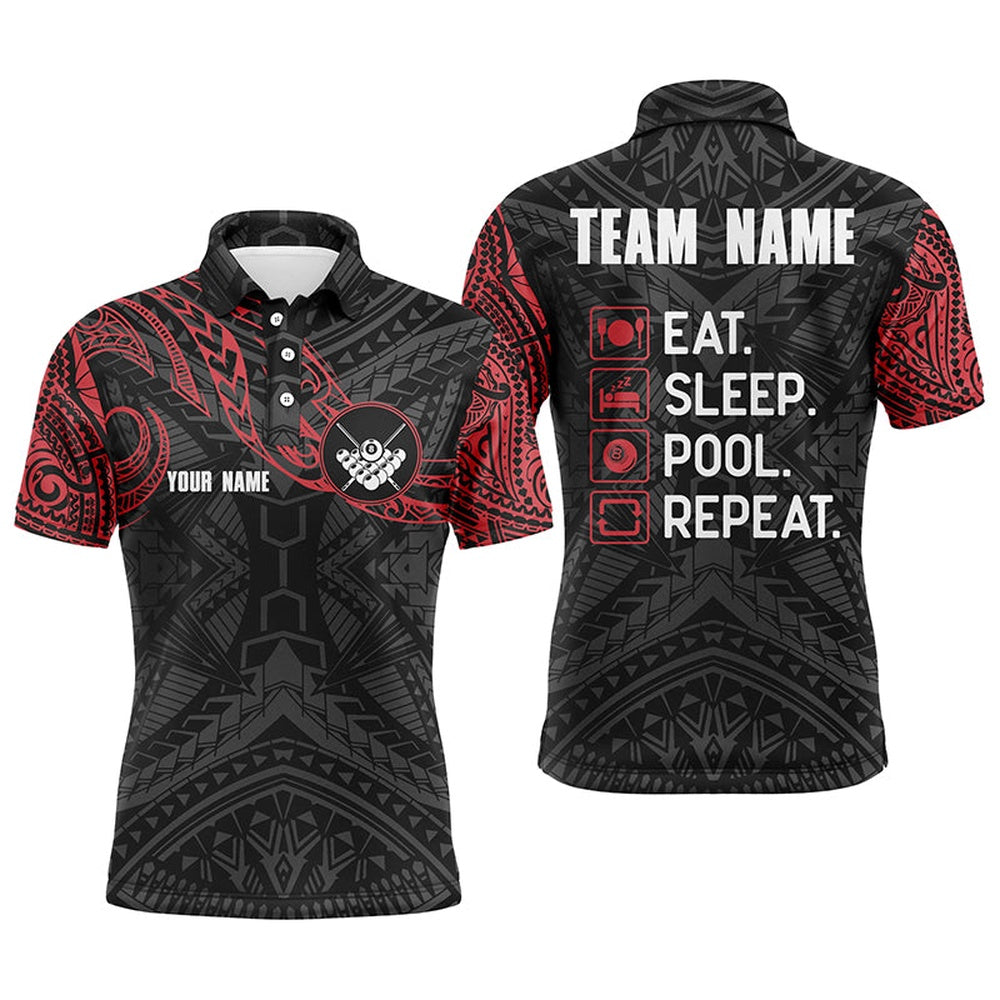 Billiard Polo Shirts, Billiard Black Red Tribal Pattern Custom Name Polo Shirts, Custom Funny Billiard Shirts, Billiards Team Shirts