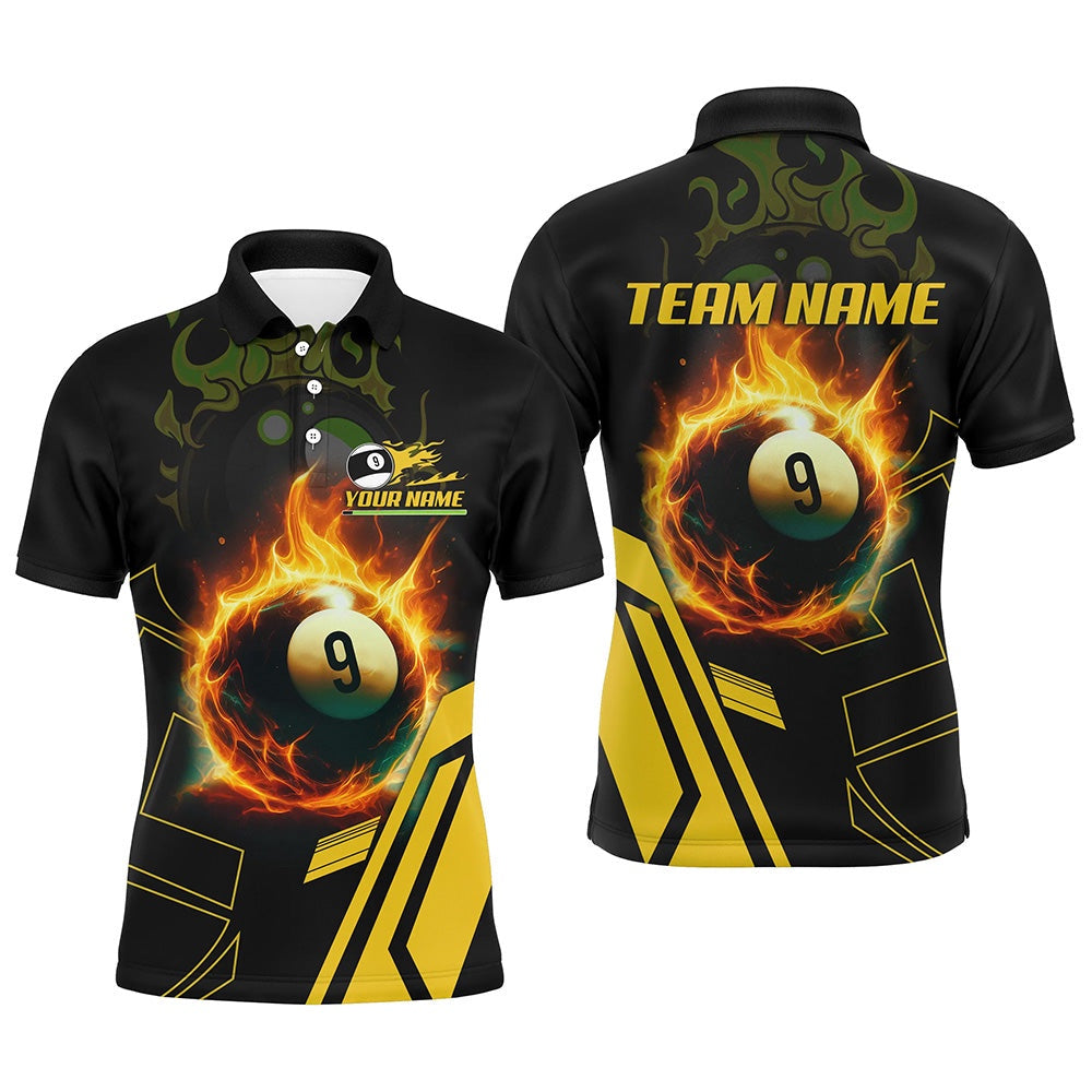 Billiard Polo Shirts, Billiard Flaming 9 Ball Pool 3D Printed Polo Shirts, Best Custom Pool Team Jerseys Shirts, Billiards Team Shirts